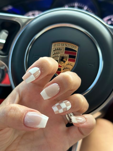 Womens Nail Ideas, Fun And Colorful Nails, Racecar Nails Acrylic, White French Tip Nails With Design Square, Checkerboard French Tip Nails, Race Theme Nails, Race Flag Nails, Checkered Flag Nails Racing, Aesthetic Fall Nails Short