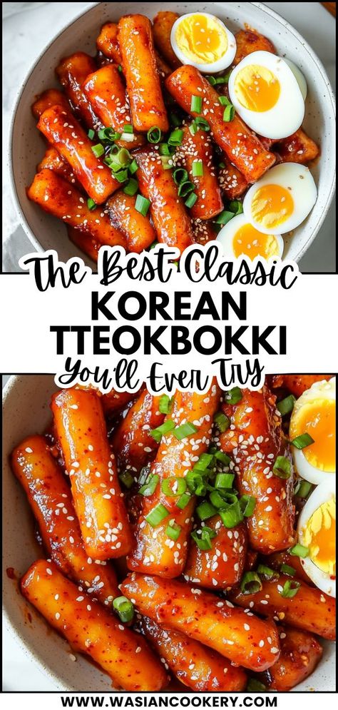 A bowl of Tteokbokki, Korean spicy rice cakes coated in a rich red chili sauce, garnished with sesame seeds and green onions, served with soft-boiled eggs for a flavorful and vibrant dish. Korean Foods With Names, Korean Food Tteokbokki Recipes, Tobboki Korean Recipe, Mild Tteokbokki Recipe, Ttbeokki Recipes, Gochujang Tteokbokki, Simple Korean Recipes, Topokki Recipe, Teokkboki Recipes Easy