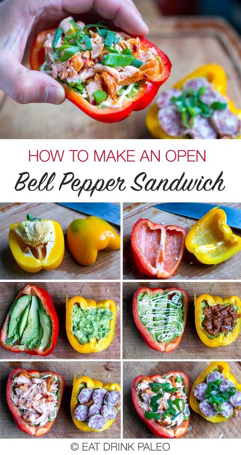 Bell Pepper Sandwich (Open Style, Two Ways, Low-Cab, Paleo) Spanish Asparagus, Bell Pepper Sandwich, Paleo Protein Powder, Pepper Sandwich, Sweet Potato Toast, Zucchini Squash, Paleo Lunch, Egg Muffins, Bell Pepper