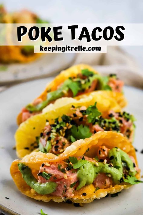 Spicy Tuna Tacos, Ahi Tuna Ideas, Poke Tacos Recipe, Poke Tuna Tacos, Tuna Poke Tacos, Ahi Tuna Wonton Appetizers, Blue Fin Tuna Poke Recipe, Seared Ahi Tuna Wonton Tacos, Wonton Tuna Tacos