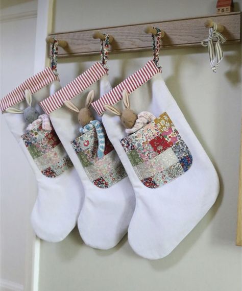 Christmas Stockings Sewing, Pinstripe Fabric, Patchwork Christmas, Christmas Patchwork, Quilted Christmas Stockings, Christmas Sewing Projects, Christmas Stockings Diy, Christmas Stocking Pattern, Stocking Pattern