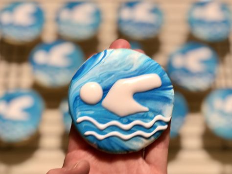 Swim meet bake sale cookies Swim Team Cupcakes, Swim Cookies Decorated, Swim Team Cookies Decorated, Swimming Cookies Decorated, Swim Team Cookies, Swim Cupcakes, Swim Cookies, Swim Party Cupcakes, Swimming Cupcakes