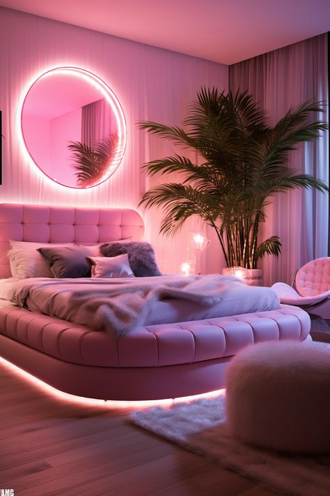 This neon bedroom exudes chic elegance with gold accents and soft pink neon lights. The sophisticated decor and luxurious furniture create a refined and polished atmosphere. Neon Lights In Bedroom, Pink Neon Lights Bedroom, Soft Pink Interior Design, Miami Bedroom Decor, Miami Room Aesthetic, Pink Led Bedroom, Pink Neon Bedroom, Black Pink And Gold Bedroom, Pink Apartment Ideas