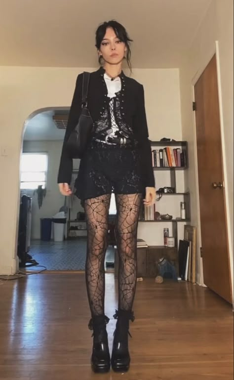 Black Stockings Outfit Fall, Semi Formal Grunge Outfits, Alternative Casual Outfit, Edgy Mini Skirt For Alternative Fashion, Gothic Casual Outfits, Alternative Fashion Tights For Fall, Black Alternative Style Fitted Hosiery, Goth Street Style, Edgy Club Outfits