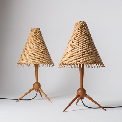 Scandinavian Table Lamps, 1960s, Teak and Rattan – mdrn Scandinavian Table, Rattan Shades, Tripod Table Lamp, Rattan Lamp, Tripod Table, Wall Deco, Tea House, Antique Furniture, Table Lamps