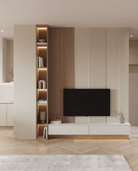 Living Room Tv Wall Japandi, Living Room Inspiration Aesthetic, Minimal Tv Unit Design, Japandi Tv Wall, Tv Zone Interior Design, Japandi Living Room Tv, Minimal Tv Unit, Tv Zone, Room Reference