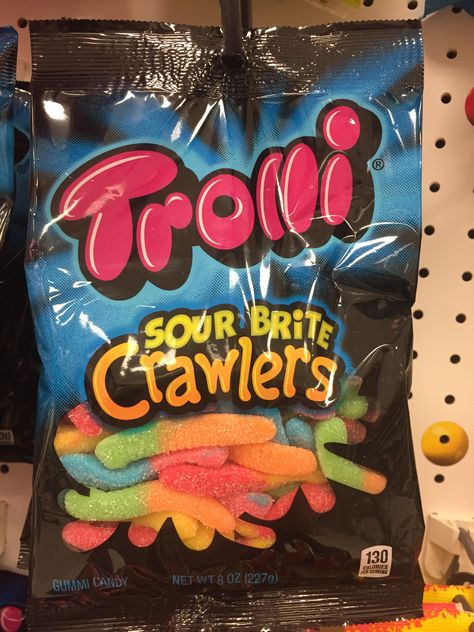 This also uses the decorative font. The font is appropriate for the Trolli name but not necessarily the name of the sour worms, but it isn't overly done so it doesn't look bad. Sour Worms, Lilo And Stitch Characters, Aesthetic Foods, Stitch Character, Gummy Worms, The Font, Candy Bags, Gummy Candy, Lilo And Stitch