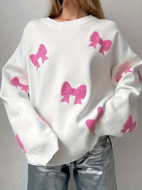 Korean Outfits Pink, Coquette Shorts, Crochet Sweater Design, Loose Pullover Sweater, Fyp Aesthetic, Drop Shoulder Sweater, Bow Sweater, Fashion Top Outfits, Trendy Aesthetic