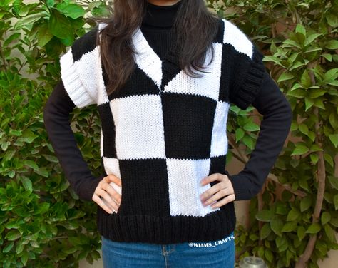 Wednesday Checkered Vest Wednesday Checkered Vest, Monochromatic Wardrobe, Comfort Shawl, Checkered Vest, Checker Vest, Crochet Vest Pattern, Knitting Needles Sizes, White Patches, Circular Knitting Needles