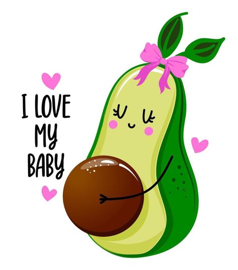 I love my baby - Cute hand drawn pregnant avocado illustration kawaii style. Mother's Day color poster. Good for greeting cards, banners, textiles, gifts, shirts, mugs. Baby clothes Avocado Nursery, Avocado Cute Art, Avocado Illustration Cute, Avocado Vector, Avocado Illustration, Cute Avocado Shirt, Avocado Cartoon, Avocado Baby, Vector Nature