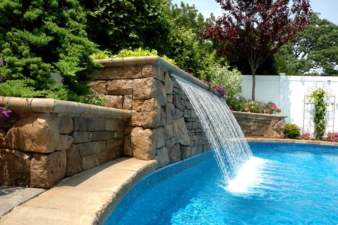 Inground Pool Landscaping Ideas Rock Waterfall, Stacked Stone Pool Waterfall, Sheer Descent Waterfall Pool, Backyard Pool Grotto Rock Waterfall, Pool Jump Rock Waterfall, Swimming Pool Waterfall, Pondless Water Features, Piscina Interior, Swimming Pool House