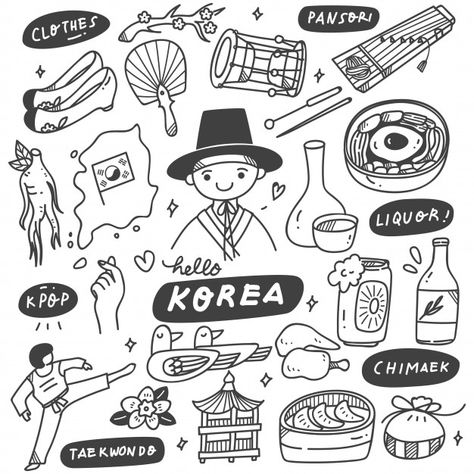 Hand drawn korea doodle set Premium Vect... | Premium Vector #Freepik #vector #flower #food #travel #hand Korea Doodle, North Korea Map, Country Flags Icons, Travel Doodles, Korea Południowa, Korean Illustration, European Flags, Korean Painting, Tae Kwon Do