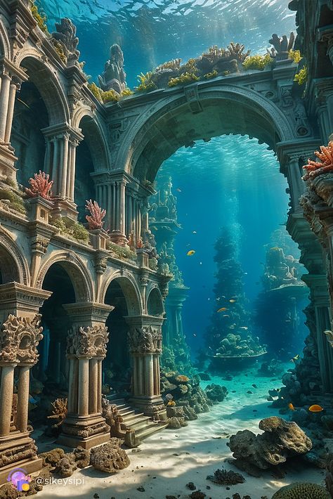 Explore the depths of Neptune's domain through this AI-generated seascape. Majestic columns and intricate arches tell tales of a lost underwater civilization, imagined by advanced technology. #NeptuneRealm #DigitalMythology #StableDiffusionArt Underwater Cave Entrance, Lost City Of Atlantis Aesthetic, Mermaid Village, Castle Underwater, Underwater Building, Underwater Civilization, Atlantis Art, Underwater Castle, City Under The Sea