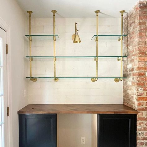 Brass And Glass Shelves, Brass Bar Shelves, French Bistro Shelves, Bistro Shelves, Bistro Shelving, Bar Nook, Home Wet Bar, Closet Bar, Home Bar Rooms