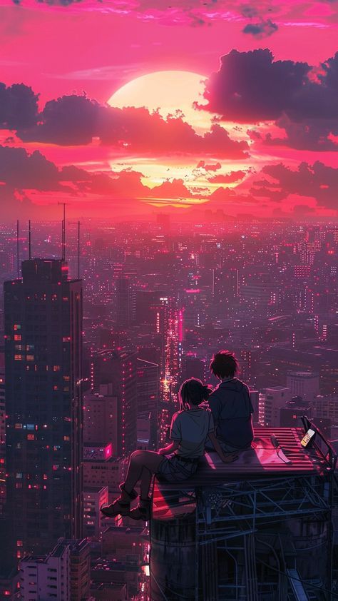 Anime Rooftop, Anime Sunset Wallpaper, Anime City Aesthetic, Anime Cityscape, Aesthetic Cityscape, Pink Sky Sunset, City Skyline Night, City Rooftop, City Couple