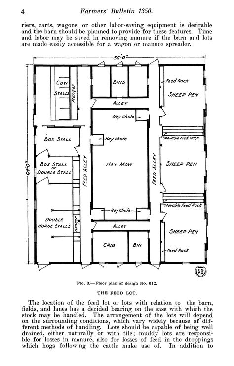 Report giving instructions for designing and building barns for cattle. Considerations include the location, size, arrangement, and ventilation of barns. Different barn designs are provided. Multi Animal Barn Layout, Livestock Barn Plans, Barn Shop Plans, Stable Floor Plans, Small Animal Barn, Cattle Barn Designs, Farm Compound, Sheep Feeders, Cow Shed Design