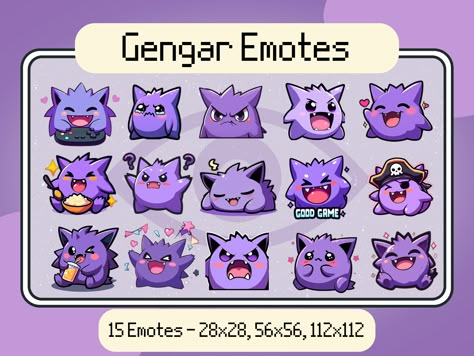 Gengar Twitch emotes for sale on Etsy! Check them out if you're looking for a cute way to spice up your streams or discord servers! Emote Reference, Cute Gengar, Streamer Tips, Pokemon Emotes, Emote Ideas, Twitch Streaming Setup, Twitch Badges, Emotes Twitch, Streaming Setup