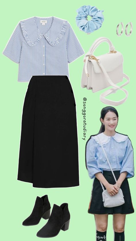 Shin Min A Yoon Hye Jin Hometown Cha Cha Cha KDrama Inspired Outfit Blue Blouse OOTD Shin Min Ah Fashion, Hometown Cha Cha, Skirt Ootd, Hometown Cha Cha Cha, Shin Min Ah, College Outfits, Black Skirt, Blue Blouse, Black Blouse