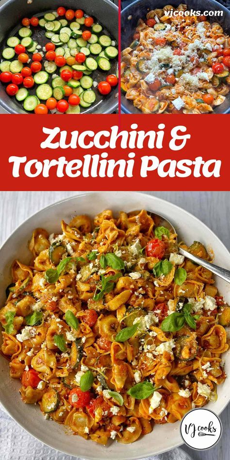 An easy and tasty mid-week meal of Zucchini and Tortellini Pasta. Made with store-bought tortellini and pasta sauce but bulked up with seasonal zucchini and cherry tomatoes then finished with feta, parmesan and basil. This meal is part hack and part seasonal-feel-good factor. Especially if you're using veggies from your own garden! #vjcooks #pastadinner #zuchinnitortellini Tortellini With Zucchini And Tomatoes, Tortellini And Zucchini Recipe, Zucchini And Tortellini, Zucchini Tortellini, Tortolini Recipe, Fresh Basil Recipes, Vj Cooks, Goat Cheese Pasta, Zucchini Tomato