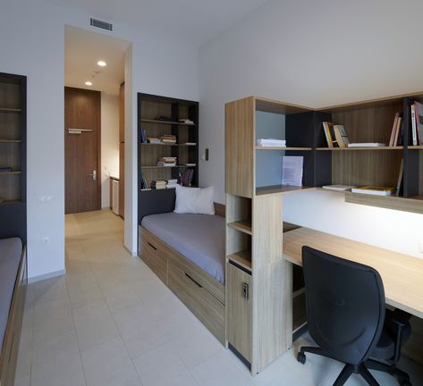 Modern Student Room Design, Student Housing Interior, Student Accommodation Room Ideas Uk, University Residence Room Ideas, Student Accommodation Design, Student Residence Room, Dormitory Room Design, Student Room Design, Student Accommodation Room Ideas