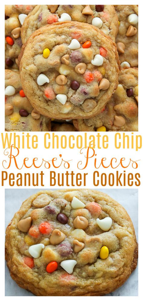 Fall Peanut Butter Cookies, Peanut Butter Reeses Pieces Cookies, Cookie Jar Cookies Recipes, Reeses Peanut Butter Chip Cookies Recipe, Reeses Chip Cookies, White Chocolate Reese’s Pieces Peanut Butter Chip Cookies, Soft And Chewy Cookie Recipes, Reese’s Pieces Peanut Butter Cookies, Reese’s Cookies Recipe