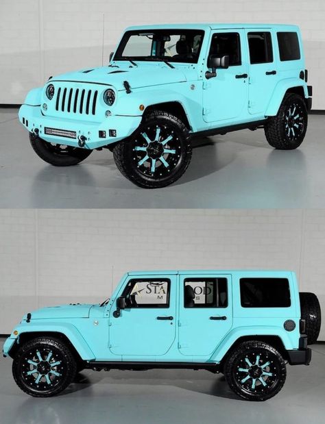 Custom paint job on a four door, hard top Jeep Wrangler-- the Tiffany Blue color is insane. Jeep Wrangler Paint Jobs, Jeep Paint Jobs, Tiffany Blue Jeep Wrangler, Turquoise Jeep Wrangler, White Jeep Wrangler With Blue Accents, Black Jeep Wrangler With Blue Accents, Vehicle Wraps, Black And Blue Jeep Wrangler, Cars Rayo Mcqueen