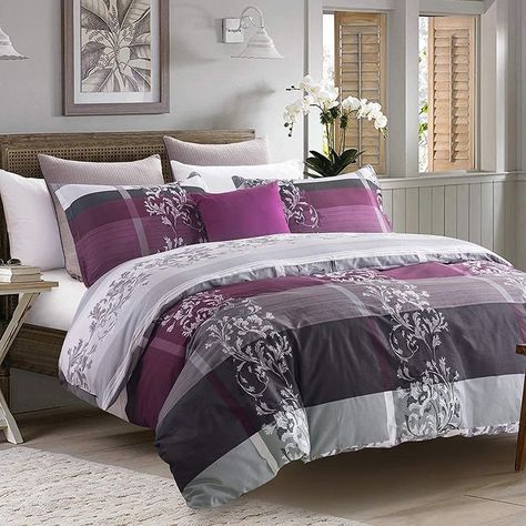 Duvet Cover Set King Size 600 Thread Count Cotton Bedding Set Purple & Grey Soft Paisley Comforter Cover 3 Pieces (1 Duvet Cover + 2 Pillow Shams) Purple Comforter Sets, Vines Room Decor, Room Decor Dark Academia, Plum Room, Room Decor Cottagecore, Purple Comforter Set, Alt Room Decor, Purple Bedroom Design, Academia Room Decor