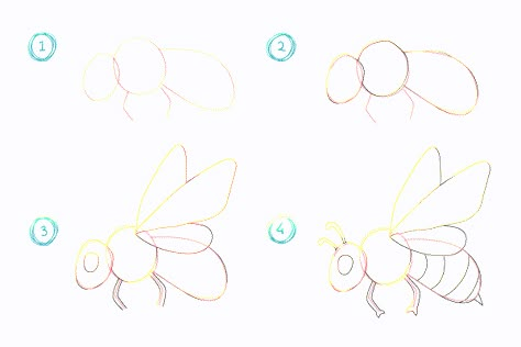 Bee Drawing Easy, Draw Insects, How To Draw Insects, Bee Drawing, Animals Drawing, Canvas Art Projects, Drawing Tutorials For Kids, Bug Art, Art Camp