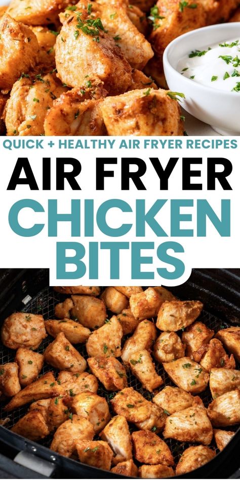 Air fryer chicken bites served with a side of dipping sauce, garnished with parsley. Air Fryer Chicken For Salad, Chicken Recipes In The Air Fryer, Air Fryer Chicken Seasoning, Diced Chicken In Air Fryer, Chicken Air Fryer Bites, Chicken And Potatoes In Air Fryer, Air Fryer Chicken Tenderloins Healthy, Air Fryer Chicken Bites Healthy, Chicken In Air Fryer Boneless