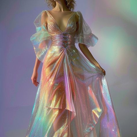 Opal Aesthetic Outfit, Iridescent Organza Dress, Holographic Outfit Aesthetic, Magic Aesthetic Outfits, Opalescent Dress, Mermaid Dress Aesthetic, Holographic Gown, Pearlescent Aesthetic, Hologram Outfit