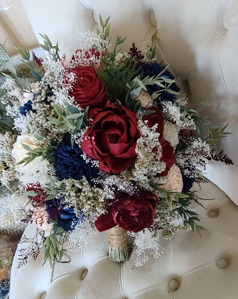 This beautiful sola flower bouquet is a mix of faux and preserved greenery with gorgeous sola flowers in shades of burgundy, navy, blush, and ivory. Pictured bouquet is 10 inches in diameter. For more information on sola flowers, view our FAQs and policies. ♡ Wedding Bouquets Red And Blue, Burgundy And Blue Wedding Flowers, Navy Blue And Burgundy Wedding Theme, Burgundy And Navy Bouquet, Winterwonder Land Wedding, Burgundy And Navy Wedding, Navy Blue Bouquet, Navy And Burgundy Wedding, Burgundy Wedding Flowers