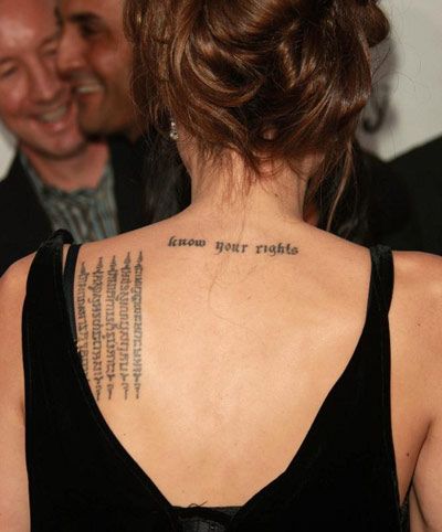 Angelina Jolie’s Tattoos And Their Meanings Tattoo Writing Designs, Angelina Jolie Back Tattoo, Angelina Jolie Tattoo, Writing Tattoos, Text Tattoo, Original Tattoos, Tattoo Font, Tiger Tattoo, Celebrity Tattoos