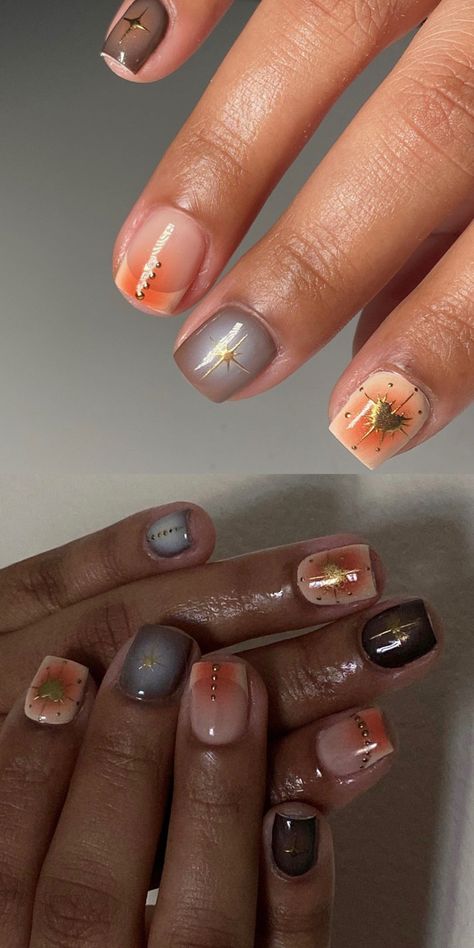 Sade Inspired Nails, Unique Natural Nails, Boho Nails Square, Simple Earthy Nail Designs, Short Apres Gel X Nails, Earth Tone Nails Designs Short, Gel Polish Natural Nails Art Designs, Boho Birthday Nails, Artsy Short Nails