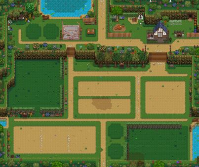 a standard farm layout with dedicated animal pens and an upgraded farm cave Grandpas Farm Layout, Sdv Expanded Farm Layout, Sdv Farm Layout Standard, Stardew Valley Standard Farm Layout, Stardwey Valley Farm Layout, Stardew Valley Farm Layout Standard, Story Of Seasons Farm Layout, Woodland Farm Stardew, Stardew Monster Farm Layout