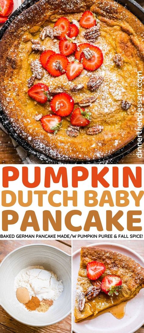 Pumpkin German Dutch Baby Pancake is a giant pancake baked in a skillet made with pumpkin puree, brown sugar, fall spices, vanilla and butter. Pumpkin German Pancake, Dutch Baby For One, Pumpkin Dutch Baby, Fun Pancake Recipes, Pancake Dinner, Giant Pancake, German Pancake Recipe, Dutch Baby Pancake Recipe, Dutch Babies