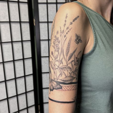 Meaningful band tattoo with flowers and insects for Miranda 🐞🌾🍄🪲🌶️ #tattoo #ink #tattooer #tattooart #tattooartist #flowers #insects #mushroom #peppers #fig #beetle #wheat #bensalemtattooartist #bandtattoo #pretty #meaningful Band Tattoo With Flowers, Fig Beetle, Wheat Tattoo, Tattoo With Flowers, Band Tattoo, Floral Sleeve, Tattoo Ink, Flower Tattoos, Peppers