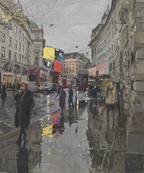 Rain, Regent Street Christmas 2019 : Messums London Brown Paintings, Peter Brown, Victoria Art, City Scapes, Pall Mall, Brown Painting, Streets Of London, English Art, Uk Artist