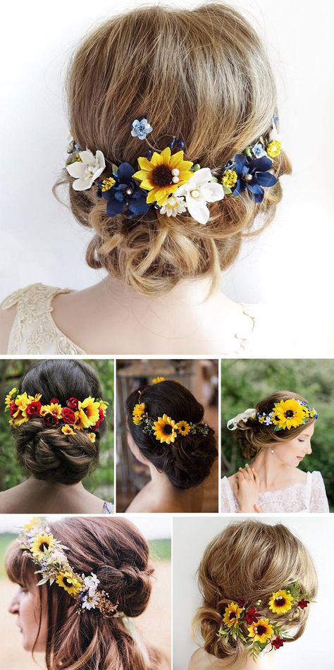 Sunflower Wedding Hairstyles, Wedding Hair Sunflower, Wedding Hairstyles With Sunflowers, Sunflower Wedding Hair, Diy Sunflower Wedding Decorations, Sunflower Wedding Theme Rustic, Diy Sunflower Wedding, Sunflower Wedding Dress, Bow Renewal