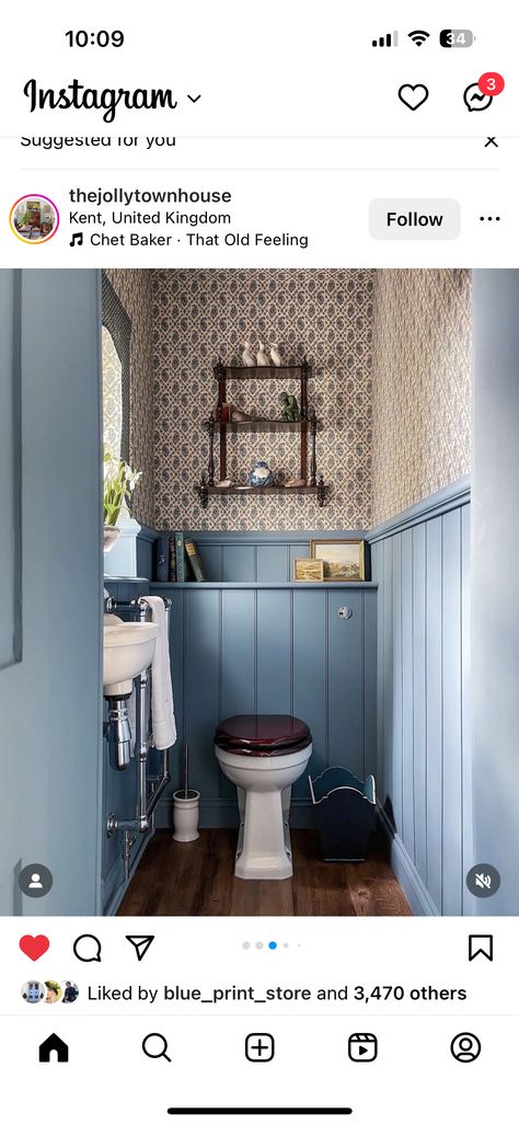 Small Cloakroom Toilet Panelling, Small Downstairs Loo Ideas, Tongue And Groove Downstairs Toilet, Traditional Downstairs Toilet, Downstairs Bathroom Wallpaper, Cloakroom Toilet Ideas Panelling, Blue Panelling Bathroom, Blue Downstairs Toilet Ideas, Downstairs Loo Ideas