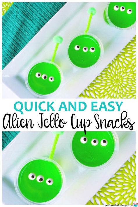 Easy Alien Jello Cup Snacks are perfect for alien or space themed party and also for Halloween treats! These individual jello cup snacks are fun for kids to make. Everyone loves using Wilton eyeball candies. via @sweeterbydesign Outerspace Theme Snacks, Space Food For Kids, Space Snacks For Kids, Alien Snacks, Space Treats, Space Recipes, Alien Jello, Cup Snacks, Bible School Snacks