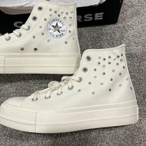 Brand New In Box. Cream With Pearls And Jewels. Two Sizes 8 And 7.5 Converse With Pearls, Pearl Converse, Shoes Cream, Platform Converse, Jewel Colors, Cream Shoes, Womens Converse, Converse Shoes, Converse