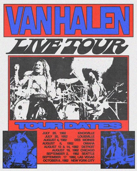 Echoes of Rock's Golden Era 🎸🔴🔵 This poster celebrates the @vanhalen 1982 live tour and reverberates with the raw energy of live music, captured in a halftone print that harks back to the gritty soul of 80's rock concerts.⁣ ⁣ Radical poster by @fairict⁣ ⁣ #indiefound #creativecommunity #inspiration #graphicdesign #rockposter #halftone #livemusic #vintageposter Vintage Rock And Roll Posters, Live In Concert Poster, Rock Band Concert Poster, Rock Tour Posters, 80 Poster Design, Old Rock Posters, Old Concert Posters, Rock And Roll Graphic Design, 90s Tour Poster