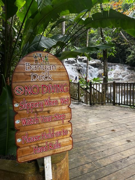 Warning sign on Banyan Deck at Dunn’s River Falls with rocks and  cascading water in the background. Dunns River Falls, Ocho Rios, River Falls, Warning Sign, Dream Destinations, Animals, Pins, Quick Saves