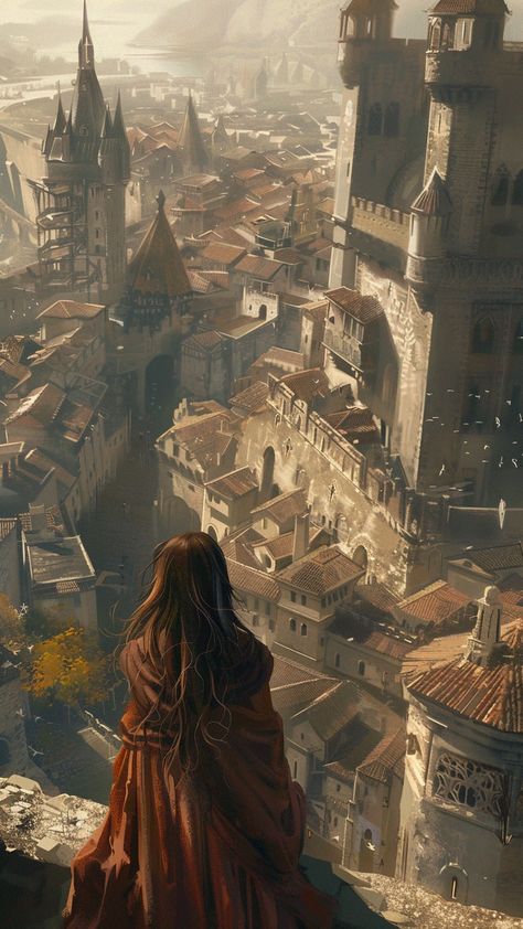 Beautiful woman in red robe sitting high above medieval city with majestic castle.  #beautiful #woman #red #robe #city #castle #medieval #fantasy Public Execution Fantasy Art, Fantasy City Medieval, Medieval School Aesthetic, Medieval Fantasy Setting, Medieval Ball Aesthetic, Futuristic Medieval City, Fantasy Astethic, Medieval City Aesthetic, Medieval Slums