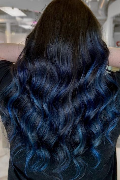 Blue Highlights Ink Blue Hair Color, Black To Blue Balayage, Cool Color Balayage, Blue Balayage On Brown Hair, Blue Hair Highlights For Black Hair, Blue Highlights On Dark Hair, Brunette Hair With Blue Highlights, Dark Blue Hair Highlights, Dark Blue Peekaboo Hair