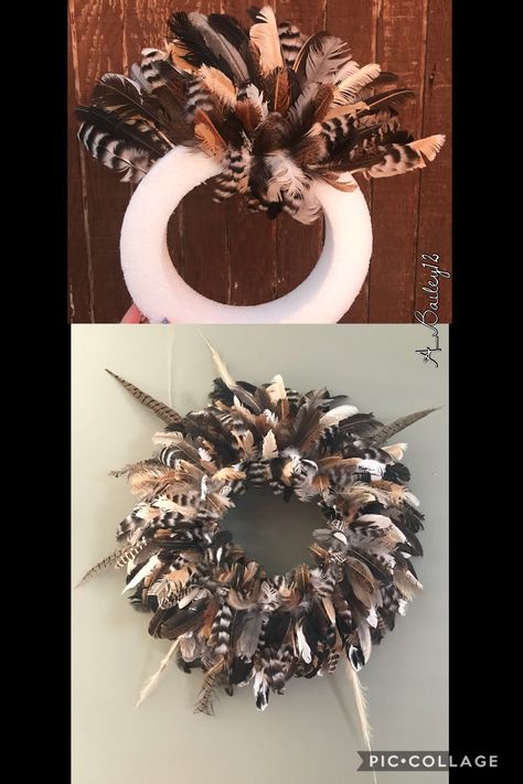 Grouse Feather Crafts, Duck Feather Wreath, Chicken Feather Wreath Diy, Chicken Feathers Crafts, Chicken Feather Ornaments, Crafts With Chicken Feathers, Diy Feather Wreath, Feathers In Resin, Chicken Feather Crafts Ideas