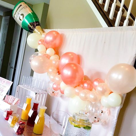 Champagne Brunch Bridal Shower Ideas Mimosa Bar, Mimosa Party Decorations, Mimosa Bar Backdrop, Bridal Brunch And Bubbly, Pink And Peach Bridal Shower Decor, Brunch Ideas Bachelorette, Botox And Bubbly Party Decor, Bridal Shower Mimosa Theme, Bubbly Themed Bridal Shower Ideas