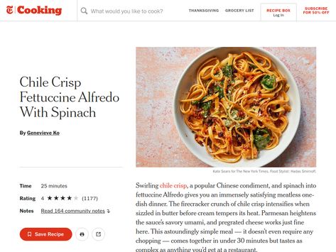 Chile Crisp Fettuccine Alfredo With Spinach Recipe - NYT Cooking Alfredo With Spinach, Chile Crisp, Bob Belcher, Chili Crisp, Spinach Recipe, One Dish Dinners, Fettuccine Alfredo, Alfredo Pasta, Nyt Cooking