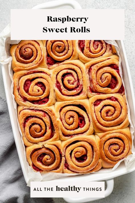 These delicious Raspberry Sweet Rolls are made with delicious raspberry jam, fresh raspberries, lemon zest, and covered in the perfect lemony cream cheese icing! Raspberry Sweet Rolls, Lemon Sweet Rolls, All The Healthy Things, Raspberry Preserves, Cream Cheese Eggs, Fresh Raspberries, Sweet Rolls, Cream Cheese Icing, Lemon Raspberry