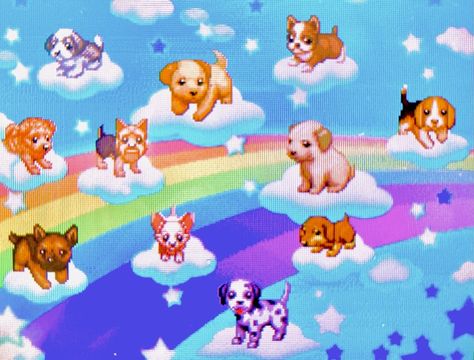 Several pixel dog sitting and lying down on pixel clouds in front of a large rainbow. The background is sky blue with faint stars and clouds. There are many dog breeds, including Chihuahua, Labrador, beagle and dalmatian Kidcore Primary Colors, Kidcore Pixel Art, 2000s Pixel Art, Kawaii Dreamcore, Pixel Art Dog, Kidcore 2000s, Kawaii Pixel Art, 2000s Core, Kidcore Aesthetic